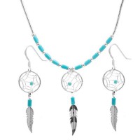 Turquoise and Sterling Silver Dream Catcher Earrings and Necklace Set 18" 