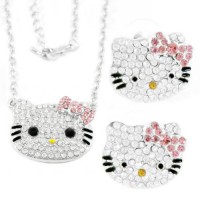 Kitty Crystal Jewelry Set with Pink Bow - Large Silver Plated Pendant Necklace and Earrings 